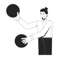 Male office worker juggling data spheres 2D line character. Confident professional manager. Caucasian man employee handling balls isolated ink outline person. Monochromatic spot illustration vector