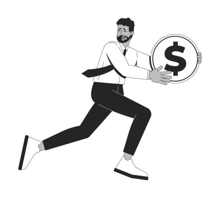 Anxious business black man running with dollar coin 2D line character. Stressed african american businessman protecting earnings isolated ink outline person. Monochromatic spot illustration