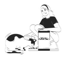 Automatic cat feeder doodle lineart illustration. Smart pet technology. Control food dispenser. IoT device feeding kitty 2D line ink character isolated on white. Monochrome outline hand-drawn vector