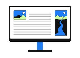 Desktop monitor with web article layout 2D cartoon object. Computer display webpage with text content and placeholder images isolated element flat clip art on white. Spot illustration vector