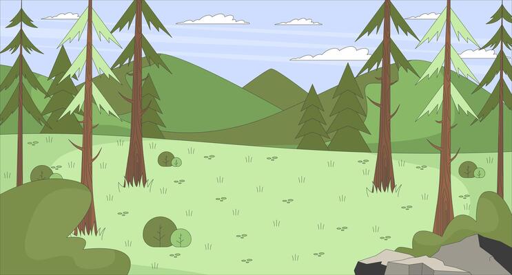 Mountain forest clearing with pine trees and hills flat illustration background. Woodland landscape. Natural habitat woods. Outdoor scenery 2D cartoon backdrop. Colorful scene art image