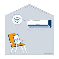 Smart air conditioner controlled remotely via phone doodle illustration concept. Remote tablet control of AC wifi cooling IoT cartoon composition isolated on white. Hand drawn metaphor vector