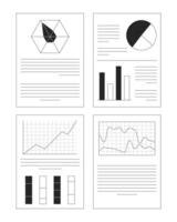 Business reports with charts and graphs 2D line objects set. Data visualization. Analytics. Professional summary isolated cliparts ink outline items. Monochrome spot illustrations collection vector