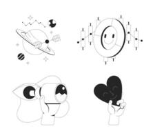 Exploration, insight and sentiment line onboarding ui illustrations set. Astronomy satellite, positive chart, sharing love outline 2D concepts isolated. Ink linear metaphor art collection vector