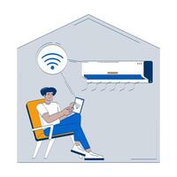 Smart home Wi-Fi air conditioner doodle illustration concept. Indoor cooling IoT. Latino man controlling AC appliance via wifi tablet cartoon 2D character isolated on white. Hand drawn metaphor vector
