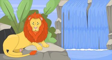 Majestic lion resting by flowing waterfall flat illustration. Big cat mane on rock in rainforest. Predator wild animal jungle 2D character cartoon background. Colorful scene art image vector