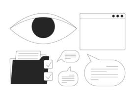 Interface and communication icons 2D line objects set. Eye, file folder checkmarks, browser window, speech bubbles isolated cliparts ink outline items. Monochrome spot illustrations collection vector