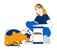 Automatic cat feeder doodle cartoon illustration. Smart pet technology. Control food dispenser. IoT device feeding kitty 2D flat character isolated on white. Doodleart hand-drawn drawing colorful vector