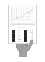 Hand holding line chart and column graphs infographic report outline illustration. Corporate paperwork. Performance metrics inhand isolated 2D image black and white. Linear drawing clip art vector