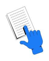 Interactive reading gesture illustration. User engagement with written content. Hand finger pointing at text on document page 2D cartoon image isolated on white. Editable flat clipart colorful vector
