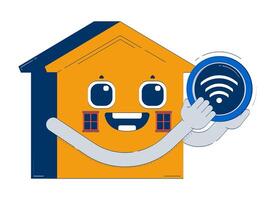 Cute smart home character with Wi-Fi connectivity doodle illustration concept. Happy house wifi signal. IoT-powered household mascot cartoon 2D object isolated on white. Hand drawn metaphor vector