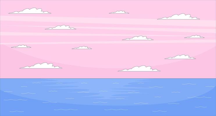 Pink sunset sky over calm ocean flat illustration background. Seascape marine scenery. Oceanscape waterscape. Peaceful sea water under white clouds 2D cartoon backdrop. Colorful scene art image