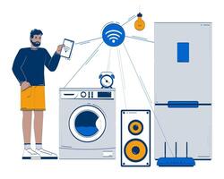 Black man managing smart household appliances using tablet doodle illustration concept. Wi-Fi technology. IoT user with home devices cartoon 2D character isolated on white. Hand drawn metaphor vector
