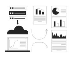 Cloud analytics and reports trend arrows 2D line objects set. Laptop chart, server rack, analysis graphs paperwork isolated cliparts ink outline items. Monochrome spot illustrations collection vector