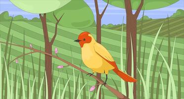Little bird perched on bud branch in lush grassland flat illustration. Songbird in grassy field. Birdwatching springtime. Wildlife 2D character cartoon background. Colorful scene art image vector