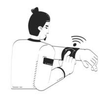 Smart home app for smartwatch doodle lineart illustration. Man interacts with wearable device on wrist, IoT remote control 2D line ink character isolated on white. Monochrome outline hand-drawn vector