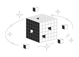 Digital data cube with orbiting blocks and sparkles 2D line object. High tech futuristic technology model. Geometric structure isolated clipart ink outline item. Monochrome spot illustration vector