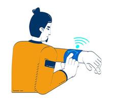 Smart home app for smartwatch doodle cartoon illustration. Man interacting with wearable device on wrist, IoT remote control 2D flat character isolated on white. Doodleart hand-drawn drawing colorful vector
