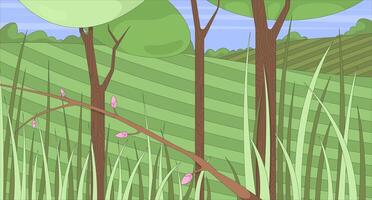 Spring grassland landscape with bud branch and trees flat illustration background. Tall grasses, rolling hills. Springtime field. Summer nature 2D cartoon backdrop. Colorful scene art image vector