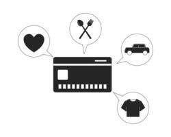 Credit card with spending categories line illustration concept. Budgeting. Cost management. Daily expenses in speech bubbles, creditcard outline 2D object isolated. Ink linear metaphor art vector