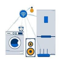 Connected via Wi-Fi smart home appliances doodle illustration concept. IoT fridge, washing machine, alarm clock, speaker, lightbulb cartoon composition isolated on white. Hand drawn metaphor vector