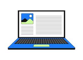 Open laptop with webpage content 2D cartoon object. Digital publishing. Notebook displaying web page layout blog article isolated element flat clip art on white. Spot illustration vector