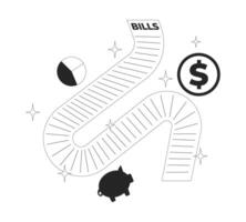 Long utility bill surrounded by financial symbols line illustration concept. Piggy bank, pie chart, dollar coin. Expenses sheet outline 2D object isolated. Ink linear metaphor art vector