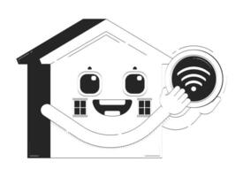 Cute smart home character with Wi-Fi connectivity doodle line illustration concept. Happy house wifi signal. IoT-powered household mascot 2D outline object isolated. Hand drawn ink metaphor monochrome vector