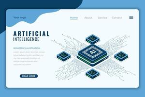 Artificial intelligence isometric landing page. AI technology. Artificial intelligence chip. Machine learning technology concept. Isometric technology vector