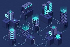 3d isometric concept big data center with server. Cloud computing. Network mainframe infrastructure. Isometric high technology concept. vector