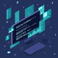 Computer technology isometric illustration. Desktop computer platforms. Software programming coding concept. Code with computer monitor. Isometric technology, vector