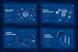 Set of isometric landing page template. Modern technology concept for cloud computing and big data technology. Isometric technology vector