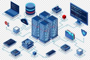 Computation of big data center. Cloud computing. Online devices upload and download information. Isometric vector