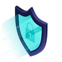 Secure vpn. VPN protection with a shield. Shield lock in futuristic purple style. Cyber security. Isometric technology. vector