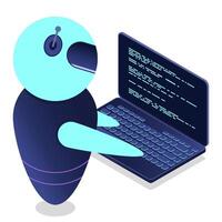 Futuristic robot interaction with computer. Isometric AI robot. Digital communication chatbots. Isometric technology. vector