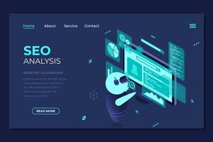 Isometric seo analysis landing page. Search engine optimization analysis concept. Digital technology website landing page. Isometric technology vector