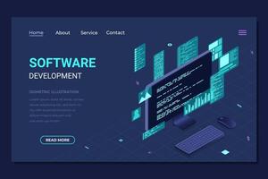Isometric software development landing page. Program code on computer screen. Programming in isometric illustration. Isometric technology vector