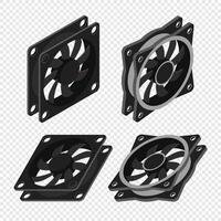 Set of isometric computer fan. Computer fan cooler. Isometric of PC case fan. Computer hardware components, vector