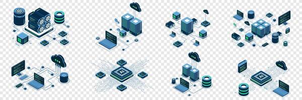 Set of isometric modern technology concept for cloud computing, Datacenter, Database, artificial intelligence, and blockchain technology. Isometric vector