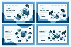 Set of isometric landing page template. Modern technology concept for cloud computing and database technology. Isometric technology. vector