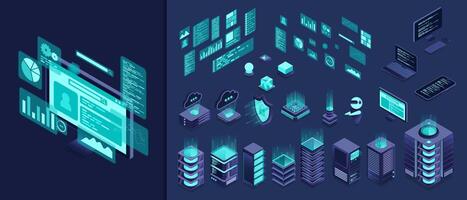 Set of isometric computer technology. Isometric set server equipment. Technology isometric icons. Digital technology items. Isometric technology, vector
