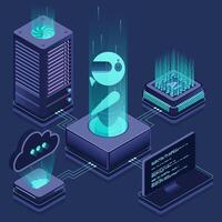 Artificial intelligence robot. System analysis. Big data processing. Machine learning technology. Isometric technology. vector