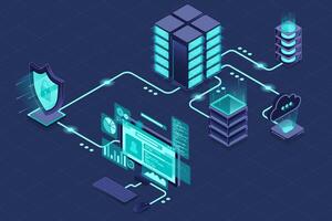 VPN protection with a shield. Virtual private network security technology concept. Cyber security. Isometric technology. vector