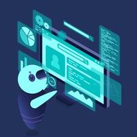 Isometric seo analysis. Search engine optimization analysis concept. Digital technology website. Isometric technology. vector