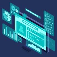 Computer monitor with blue virtual holographic projections with graphs and charts for data analysis. Analytics data on monitor. Web development concept. Isometric technology. vector