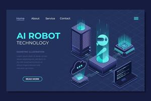 Isometric artificial intelligence robot landing page. Machine learning technology. Digital technology website landing page. Isometric technology vector