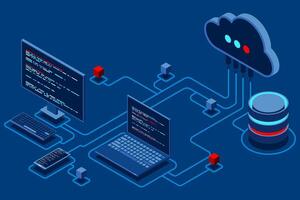 Cloud technology computing concept. Modern cloud technology. Data center isometric concept. Isometric cloud technology with datacenter. Web hosting concept. Isometric vector