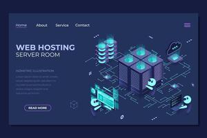 Isometric web hosting landing page. Concept of server hosting. Online computing technology. Digital technology website landing page. Isometric technology vector