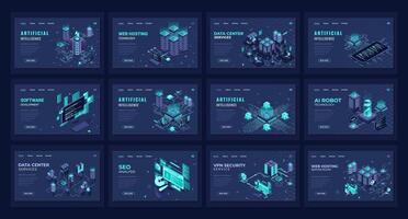 Large set of isometric landing page template. Modern technology concept for data center, web hosting, and artificial intelligence. Isometric technology vector