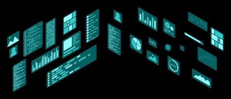 Isometric user interface elements. Infographic charts. Data visualization. Futuristic interface hologram elements. Isometric technology. vector